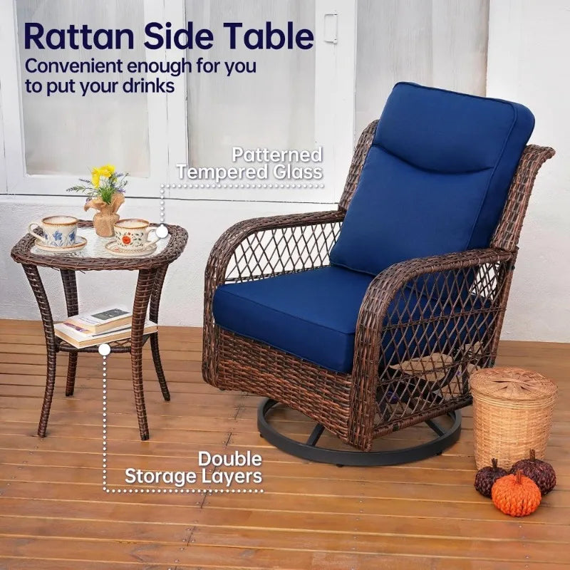 Outdoor Swivel Rocker Chairs 3 Piece Set with Rattan Side Table, Wicker Patio Chair with 5 Thick Cushions & 25 Support Back
