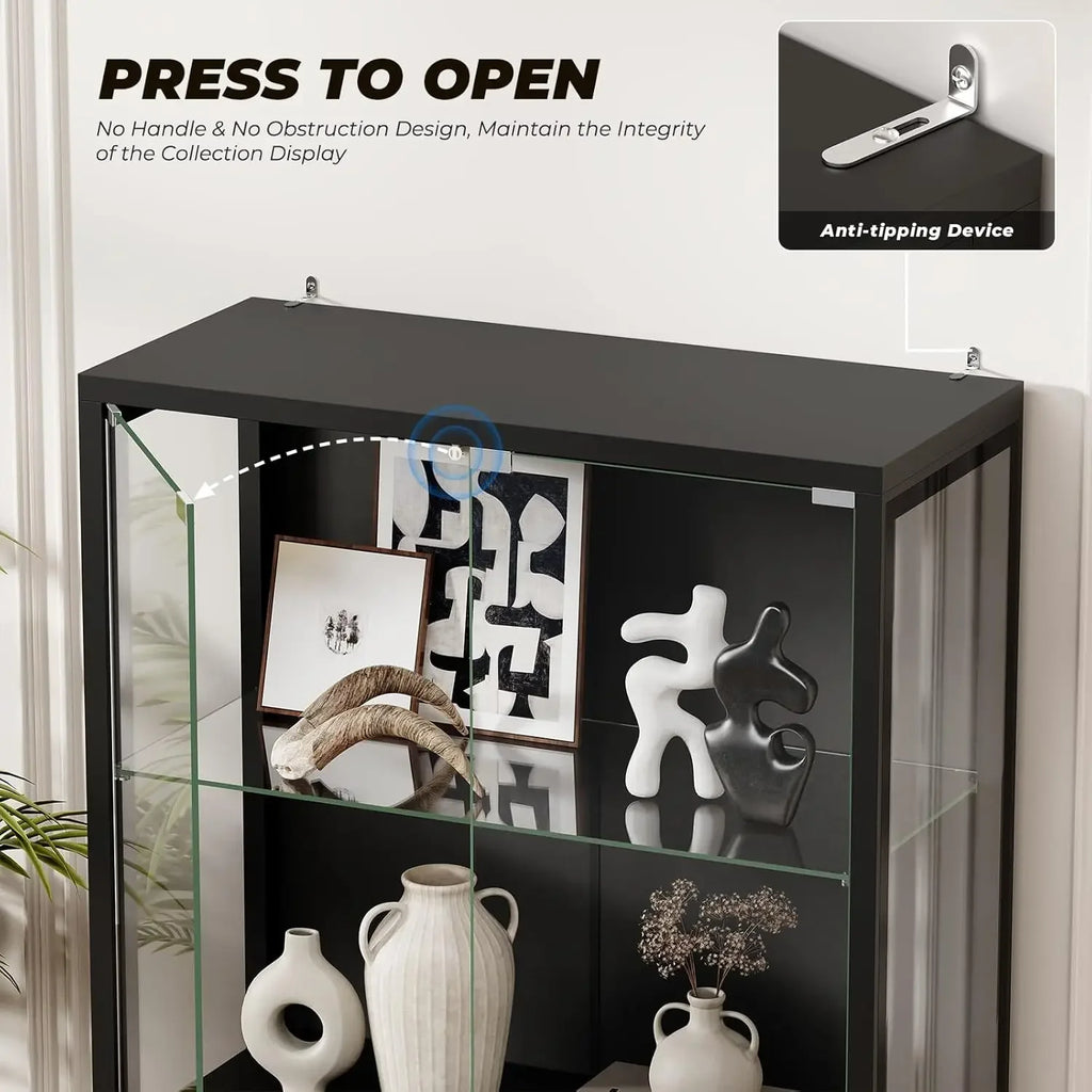 Black 4 Tier Glass Door Display Cabinet Curio Case With Motion Sensor Three Color Lights Adjustable Glass Shelves Storage Bookca