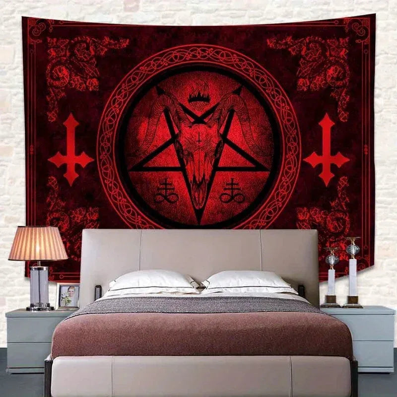 VIKAMA Baphomet Goat Head Tapestry, suitable for altar decoration. Ideal for living room or mystical bar decor.