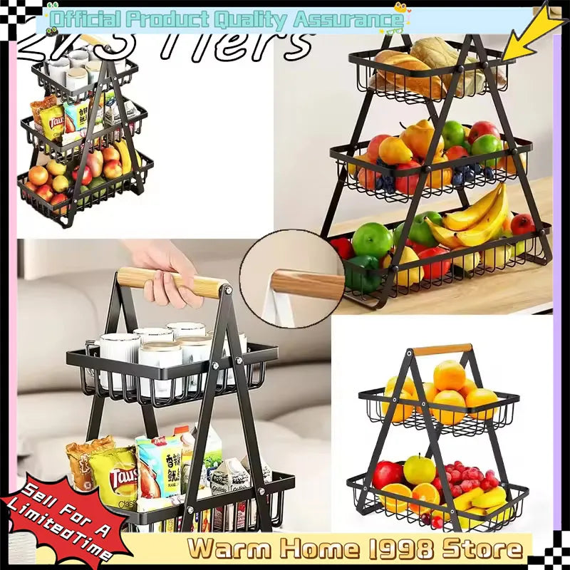 New 2 3 Tiers Countertop Fruit Basket Portable Iron Art Kitchen Organizer for Fruits Bread Snacks Storage Rack
