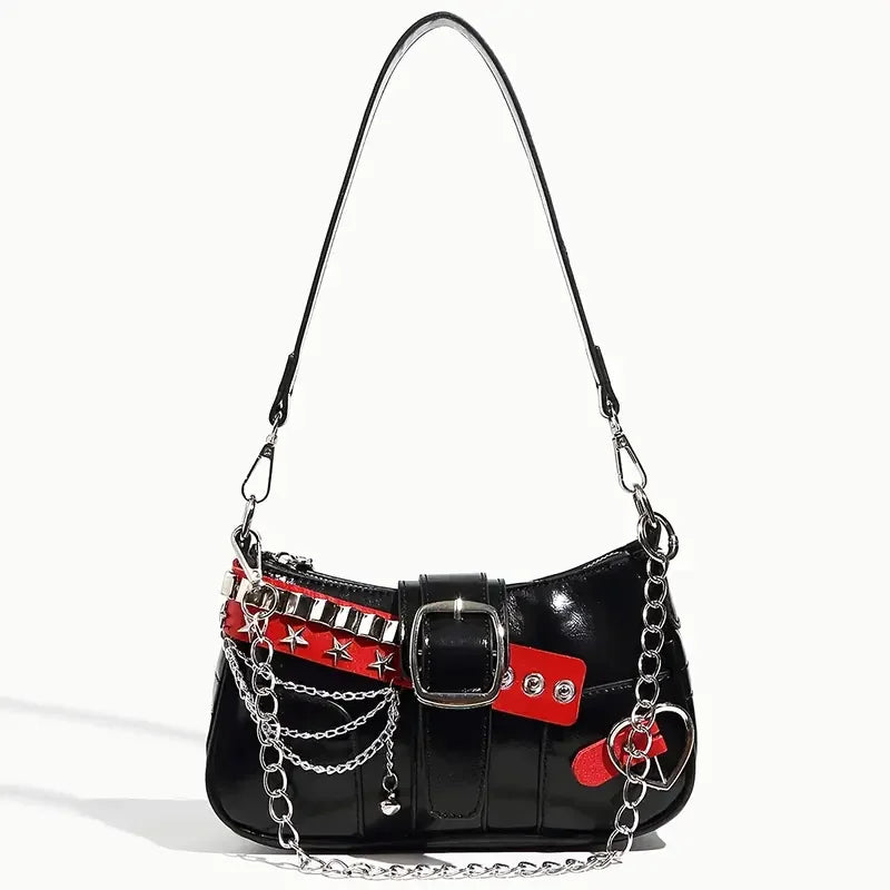 Y2K Punk Shoulder Bag For Women Retro Chain Rivet Underarm Handbag PU Leather Color‑block Sling Crossbody Bag Fashion Party Purse