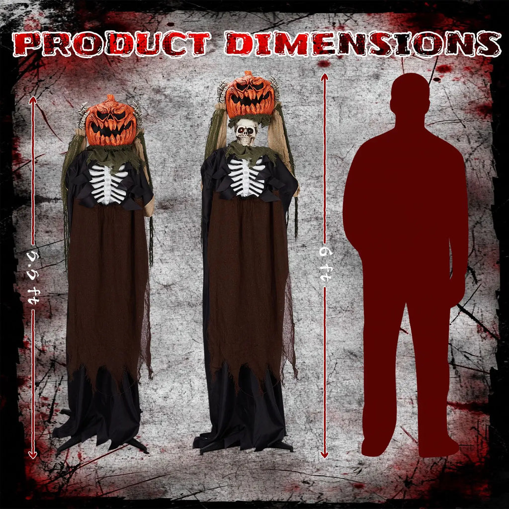 5.6ft Halloween Decorations Outdoor Life Size Animatronics Ghost with Pumpkin Head, Sound-Actived Party Decor