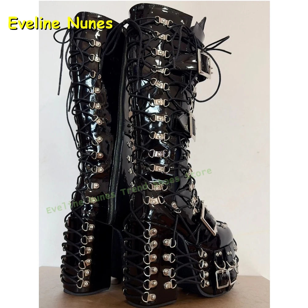 Y2K Red Gothic Platform Knee High Boots Women Punk Lace Up Buckle Chunky Heel Patent Leather Shoes Belt Buckle 2026 New Arrivals