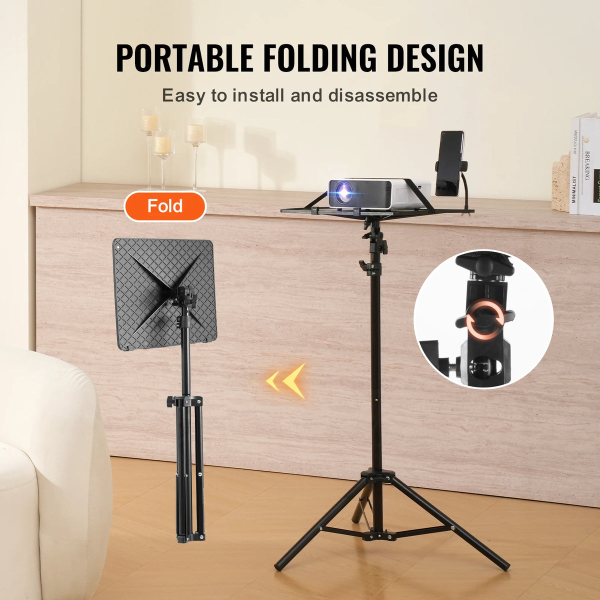 SucceBuy Portable Projector Tripod Stand Adjustable Height w/ Tray & Gooseneck Phone Holder for Outdoor Movies Home Office Stage
