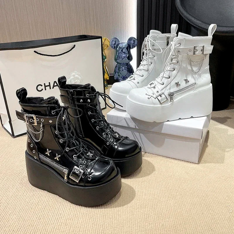 New Gothic Style Platform Vampire Cosplay Women Mid-calf Boots 2024 Winter Wedges Comfy Women Motorcycle Boots Shoes
