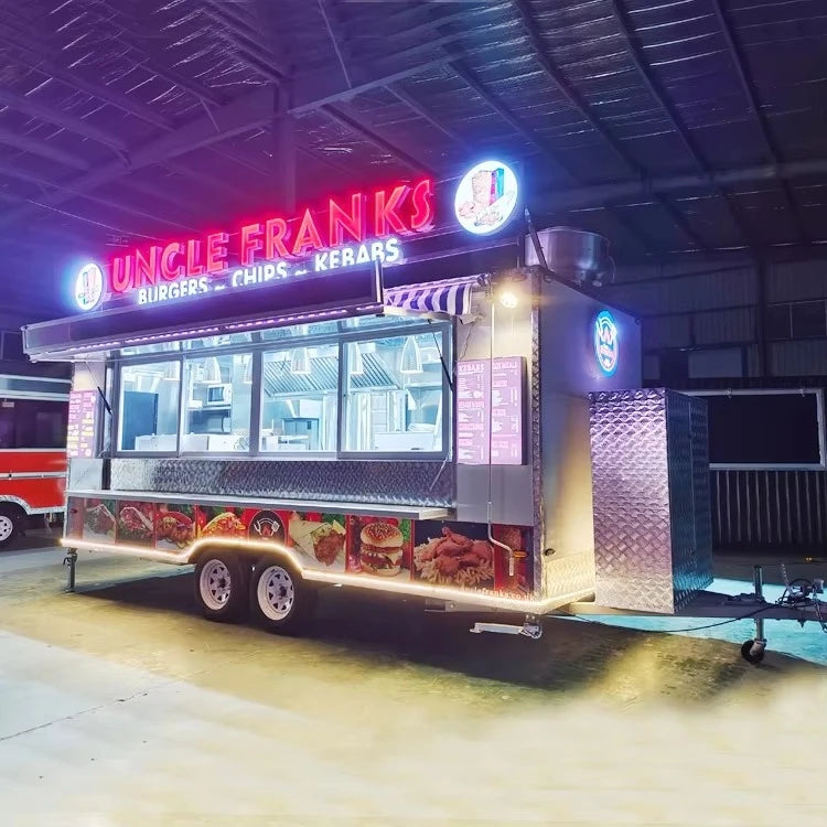 NEW 16ft UNCLE FRANKS Beach Food Carts Burger Fries Kebab Barbque Trucks LED Mobile Food Truck for USA