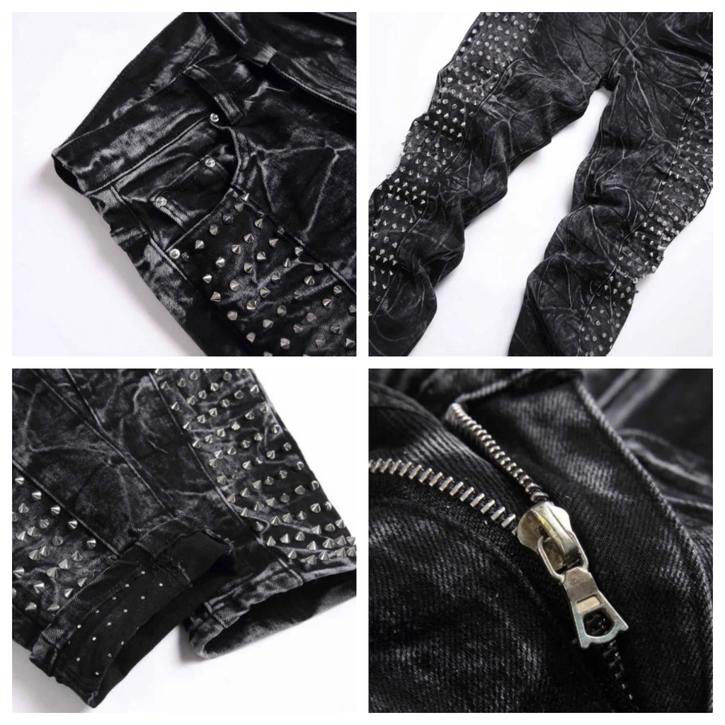 2025 new retro punk high street trendy rivet design black slim fit buckle men's jeans fashion classic denim pants