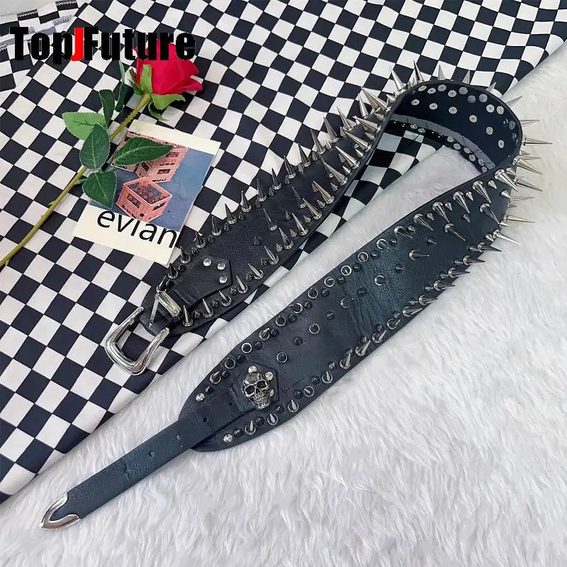 Women's Harajuku Steampunk Y2K Personalized Hip Hop Fashion Spice Girls Belt Waistband Dark Rivet Skeleton Belt Streetwear