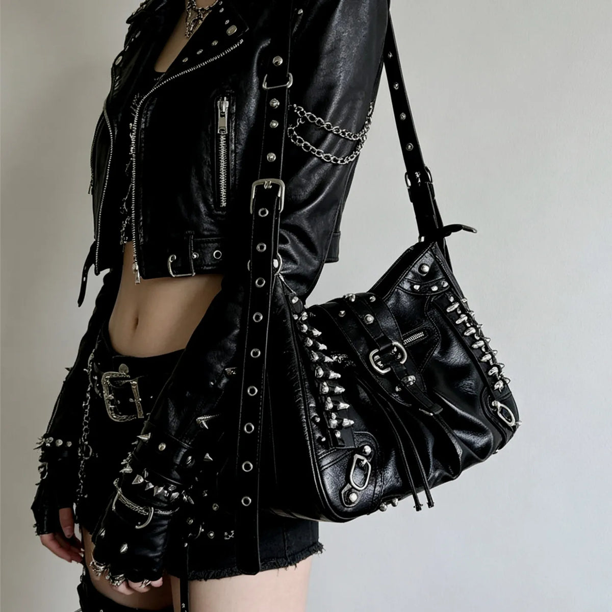 Punk Locomotive Bag Black Large Capacity Punk Tote Rivet Shoulder Bags for Women's Crossbody Bag