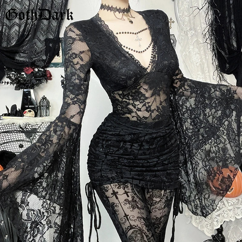 Goth Dark Cutecore Lace See Through Pullovers Tops Thin Sexy V-neck Flare Sleeve T-shirts Mall Gothic Bead Chain Decor Blouses