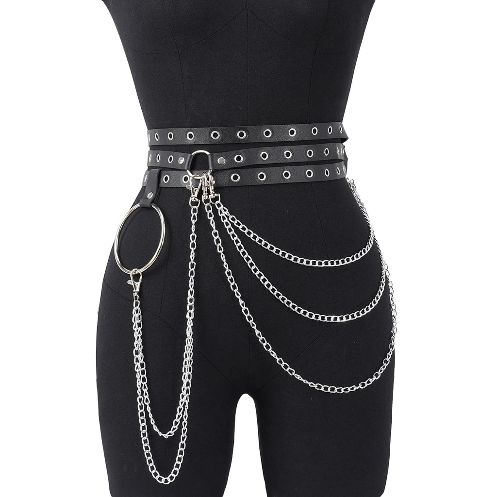 Punk Gothic Adjustable Multi‑layer PU Leather Waist‑leg Harness Belt with Chain Decor for Women, Street‑style Body Chain Accesso