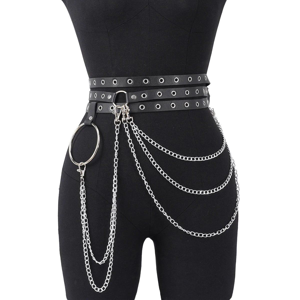 Punk Gothic Adjustable Multi‑layer PU Leather Waist‑leg Harness Belt with Chain Decor for Women, Street‑style Body Chain Accesso