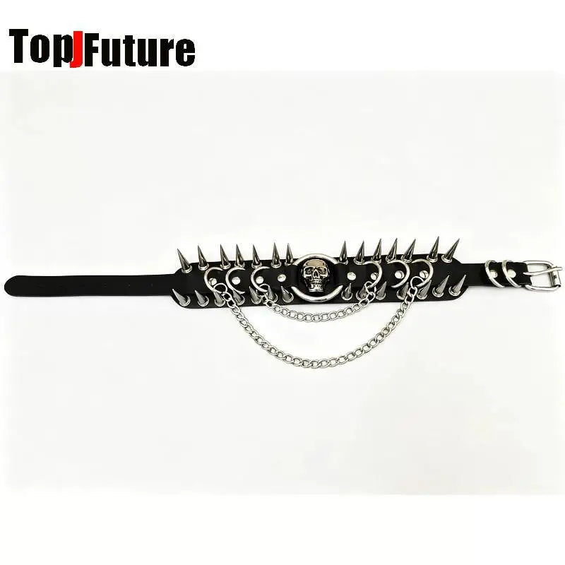 Y2K Gothic Punk Dark Rock Style Subculture PU Leather Skull Inlay Rivet Spikes Decor Metal Chain Necklace Alternative Choker
