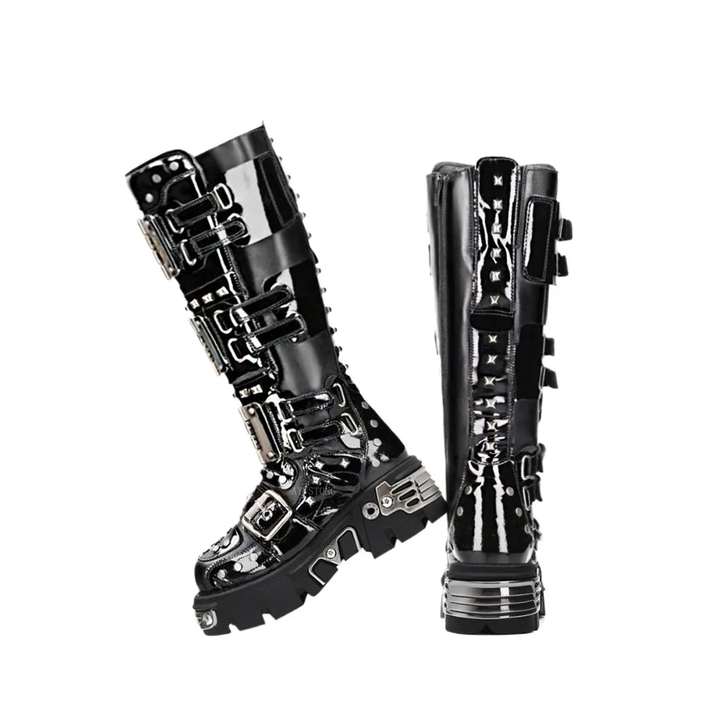 Fashion Men's Genuine Leather Motorcycle Boots Metal Goth Punk Knee High Boots Round Toe Thick-sole Spanish Street Rock Shoes