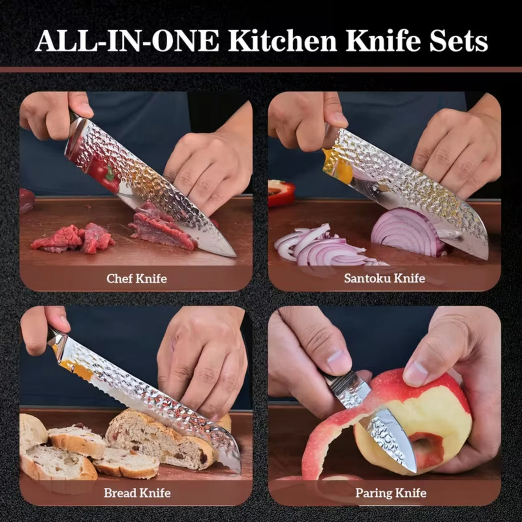 Professional 15PCS Forged Hammer Finish Kitchen Knife Set Pakka Wooden Handle Kitchen Cutlery Set with Knife Block Scissors Sharpener Complete Household Cooking Knives