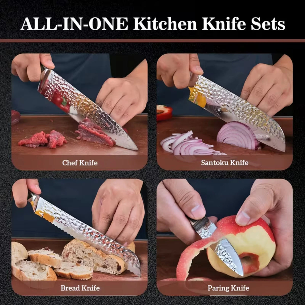 Professional 15PCS Forged Hammer Finish Kitchen Knife Set Pakka Wooden Handle Kitchen Cutlery Set with Knife Block Scissors Sharpener Complete Household Cooking Knives