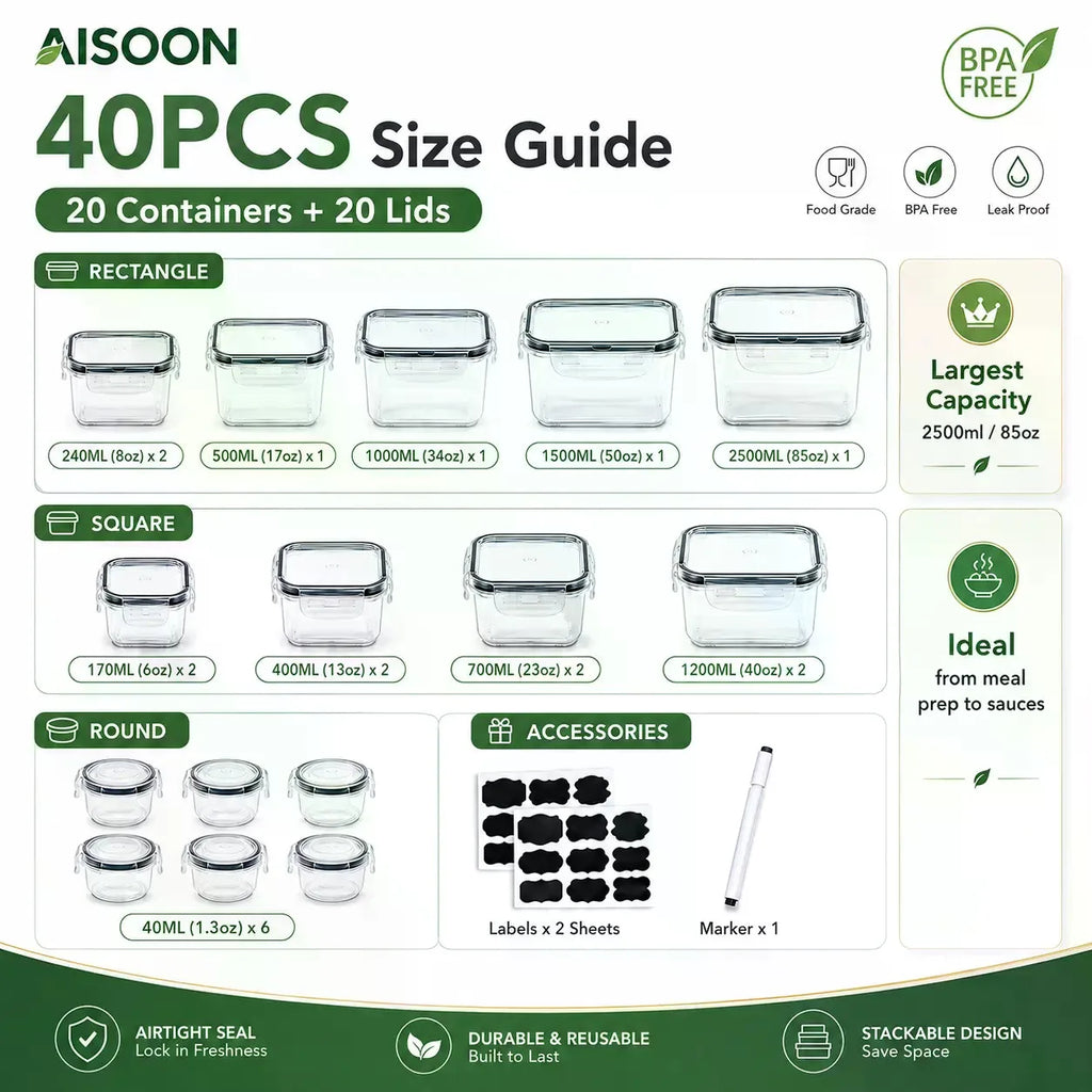 40 PCS Extra Large 85oz Silicone Airtight Food Storage Containers Set (20 Containers + 20 Lids) - Square, Round, Rectangular, Nestable Shapes, Leakproof, Reusable, Microwave & Dishwasher Safe, Labels & Pen for Fridge Organization, Home Meal Prep