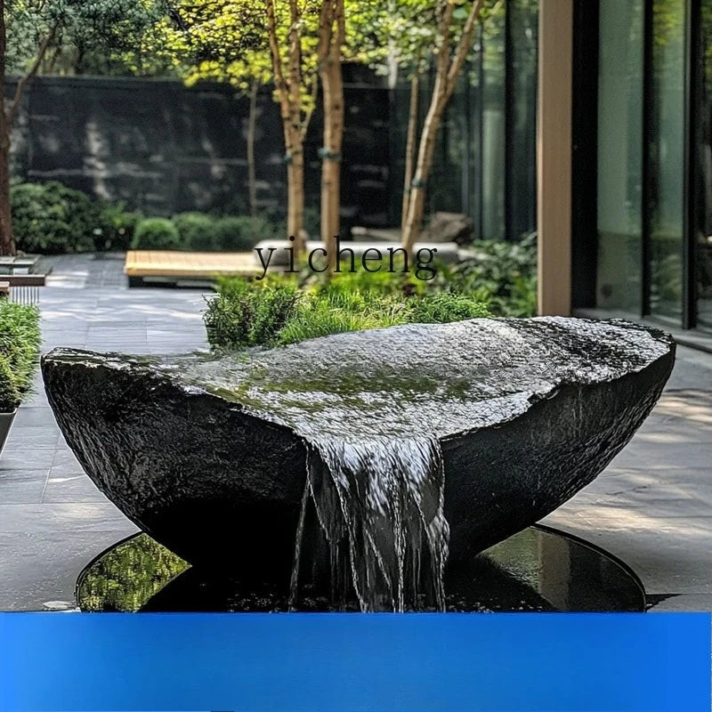 FZ  Black Mountain stone water bowl basin courtyard Chinese fountain stone carving water fountain garden  water feature