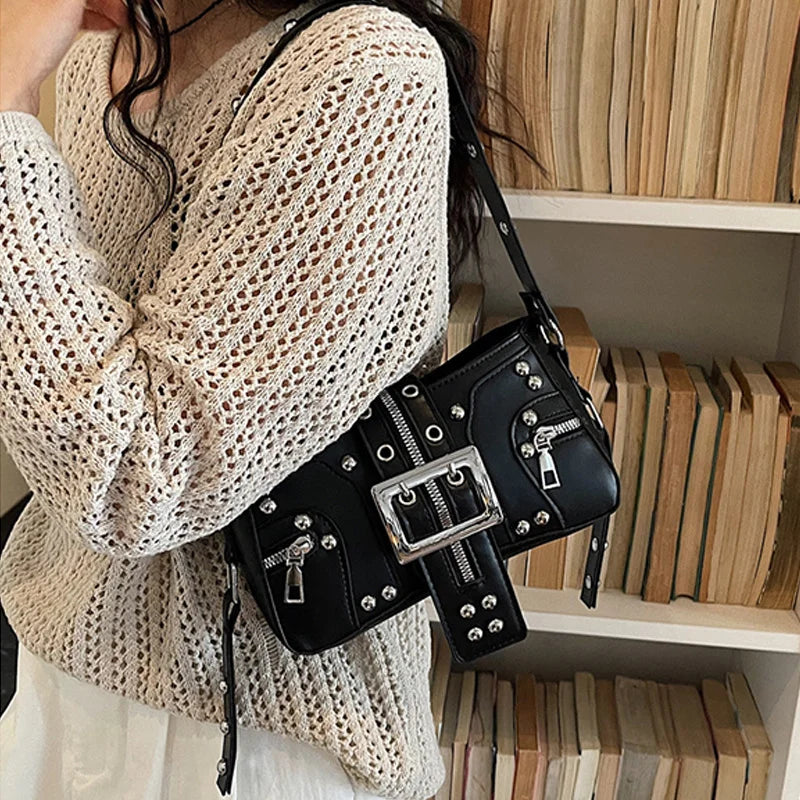 Shoulder Bag for Women Punk Style Purse PU Leather Rock Fashion Handbags with Rivet Small Trendy Armpit Purse Bolso Mujer сумка