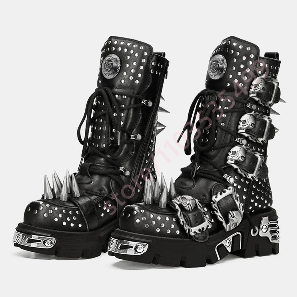Tank Metal Rivet Rhinestone Rock Motorcycle Boots Round Street Punk Belt Buckle Gothic Boots Fashion Party Sports Casual Boots