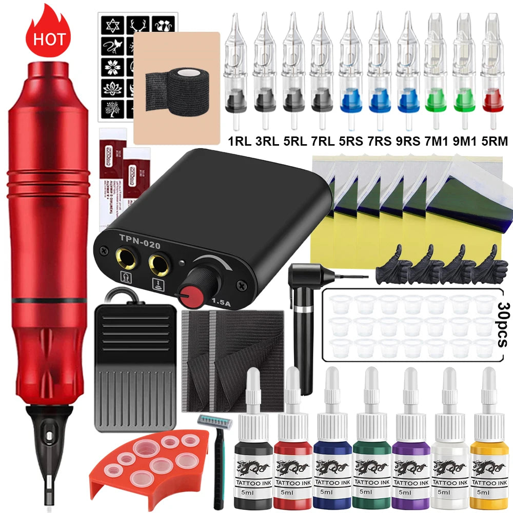 Professional Rotary Tattoo Machine Kit Tattoo Pen Set with Cartridge Needles Ink Blender Permanent Makeup for Tattoo Beginners