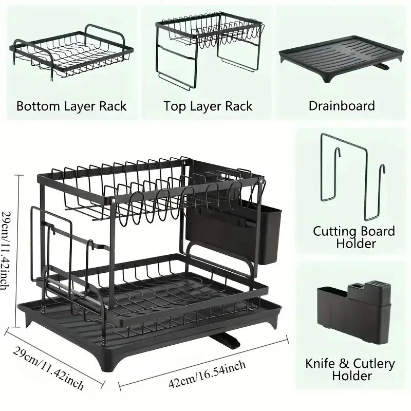 2-Tier Detachable Dish Drying Rack Carbon Steel Multifunctional Countertop Kitchen Organizer with Drainboard Utensil Holder
