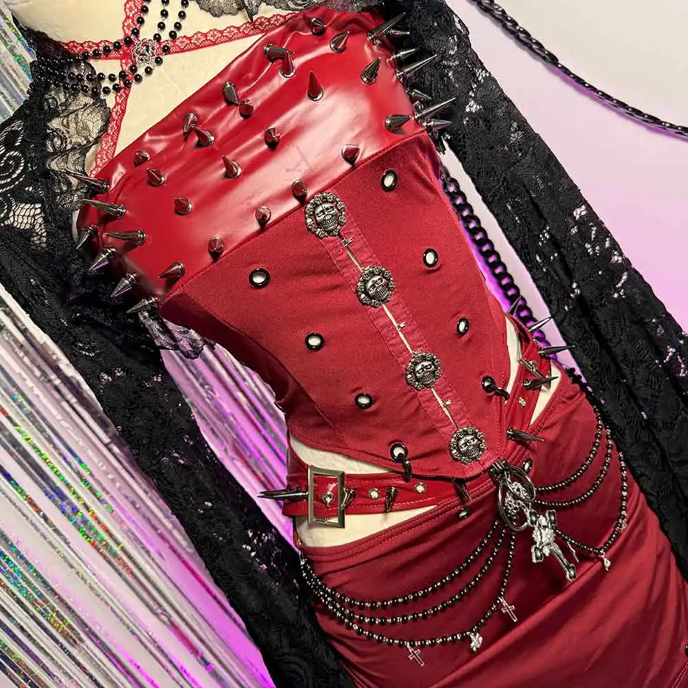 Red Gothic Dress for Women Y2K Rave Cyber Punk Rock Goth Cross with Spikes Scene Emo ALT Grunge Rave Festival E-Girls Clothing