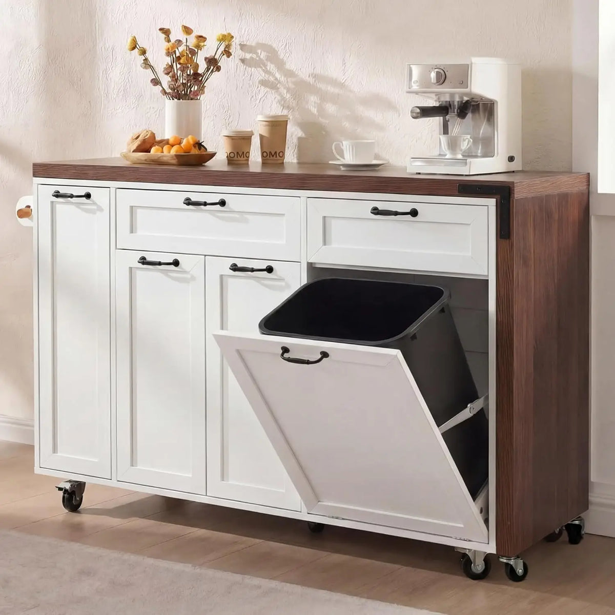 102.3'' Kitchen Island with Extendable Dining Table for 2-4, Rolling Kitchen Island with Trash Can Storage,, Customized