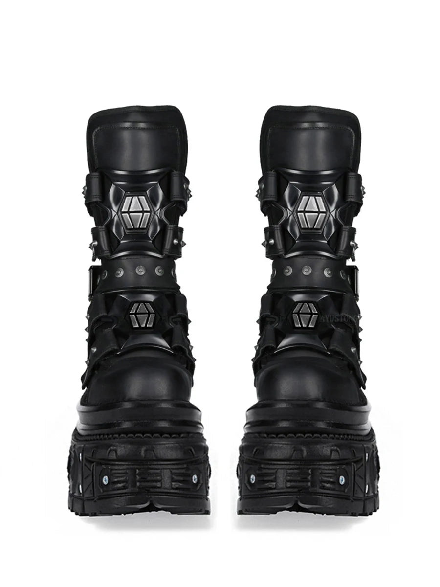 Cyberpunk Metal Black Motorcycle Boots 2025 New Street Rock Thick Sole Round Short Boots 36-45 Fashion Sports Casual Gothic Boot