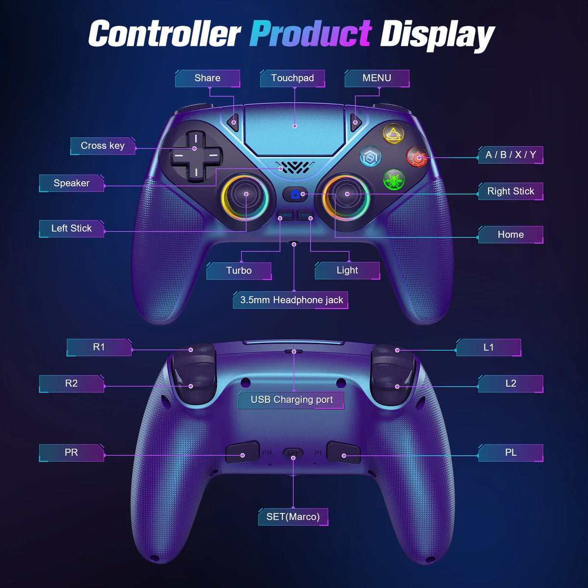Controller for Playstation 5/PS5/PS5 Pro/Slim/PC,Wireless Gamepads RGB Joystick Turbo/Marco Program Dual Vibrate Game Controle
