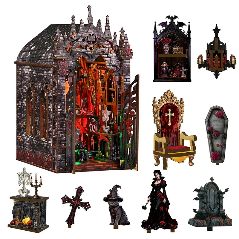 DIY Wooden Book Nook Figurines Miniatures Dark Castle Bookend with Light Bookshelf for Friends Birthday Gifts Home Decor Crafts