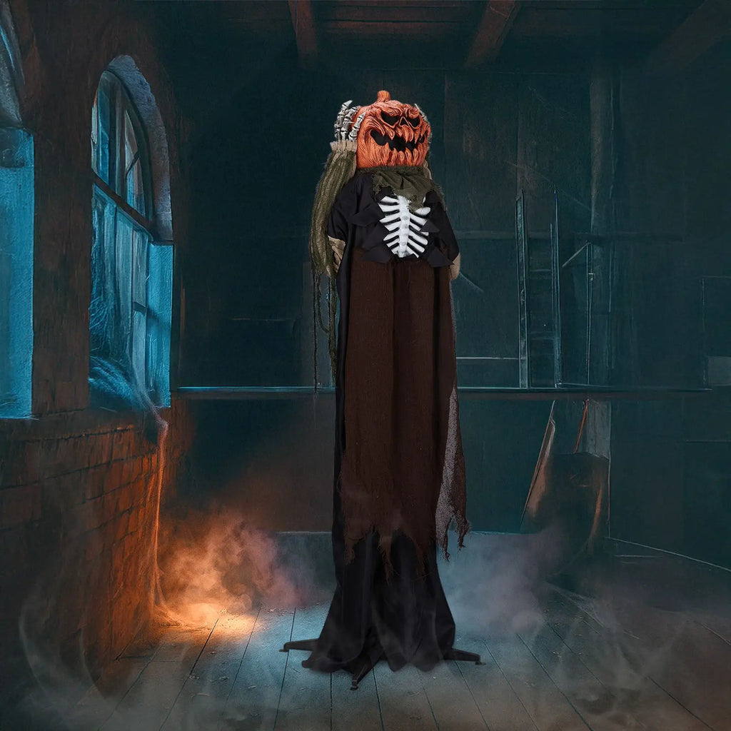 5.6ft Halloween Decorations Outdoor Life Size Animatronics Ghost with Pumpkin Head, Sound-Actived Party Decor