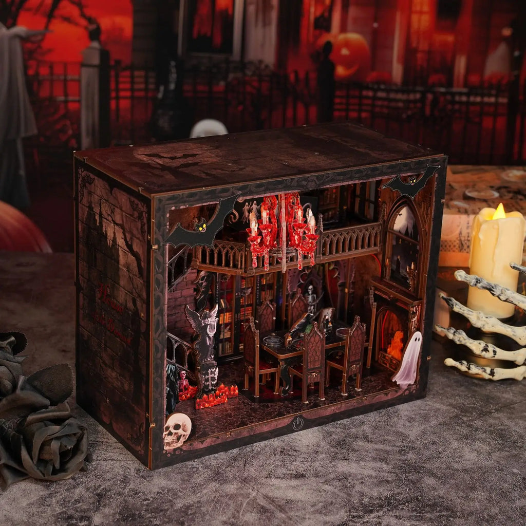 DIY Wooden Book Nook Shelf Insert Kit Halloween Dark House Bookend Miniature Model Kits Bookshelf with Light for Friends Gifts