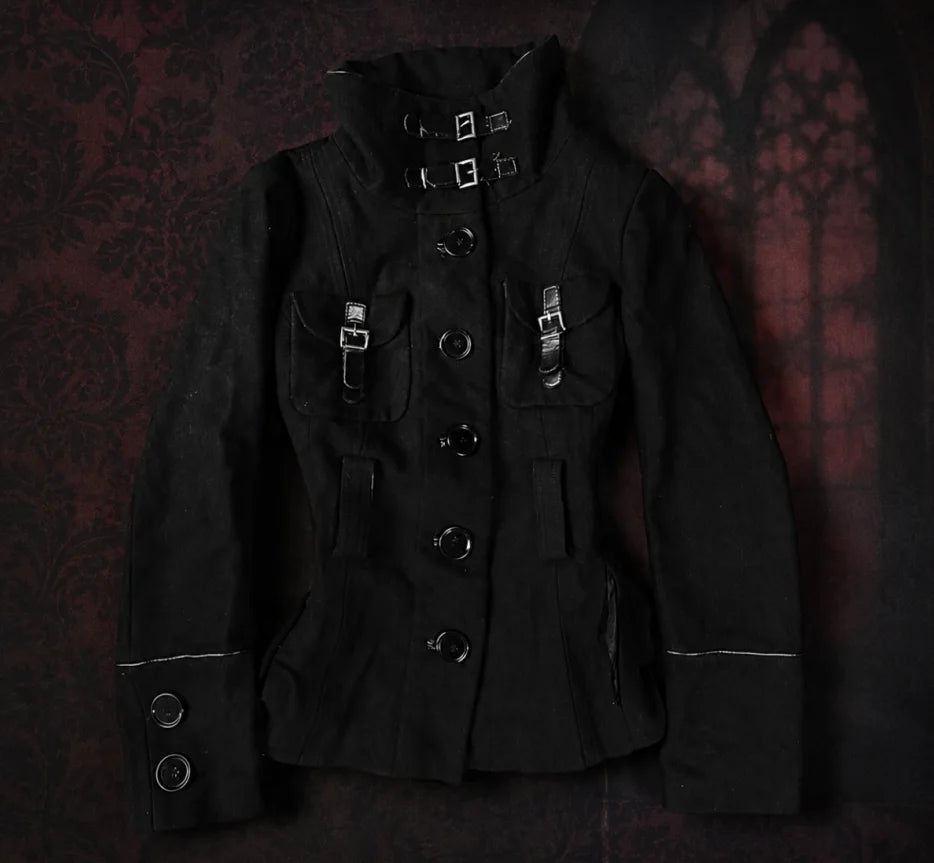 Retro Slim Fit Straight Tube High Neck Short Jacket Women Y2k Gothic Casual Jacket Harajuku High Street Button Black Coats