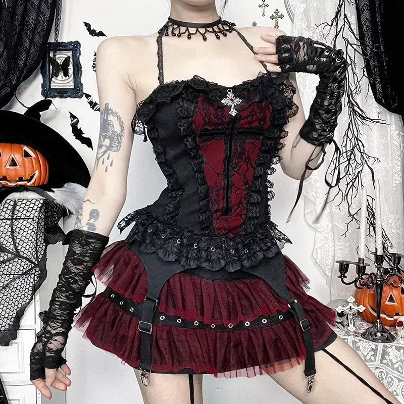 AltGoth Gothic Hotsweet Camisole Women Vintage Aesthetic Y2k E-girl Hipster Lace Patchwork Halter Crop Tank Tops Cosplay Clothes