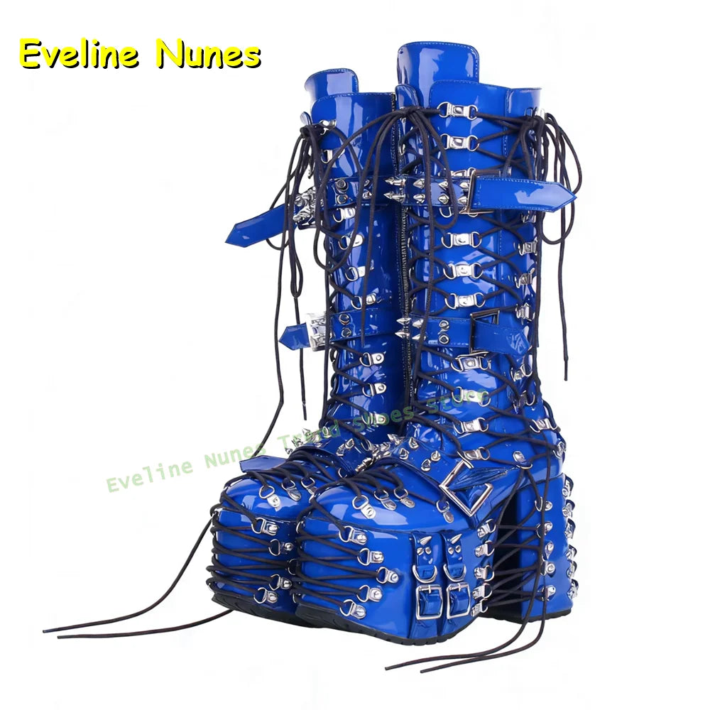 Y2K Red Gothic Platform Knee High Boots Women Punk Lace Up Buckle Chunky Heel Patent Leather Shoes Belt Buckle 2026 New Arrivals