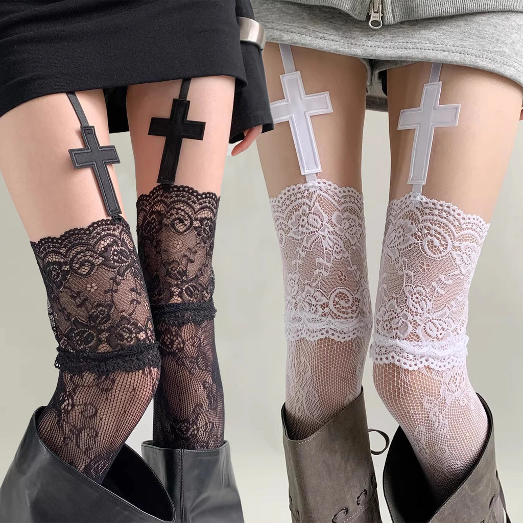 Gothic Cross Pendant Stocking Women Suspender Socks Solid Color Thin Thigh High Lolita Anime Cosplay Gothic Over Knee Stockings