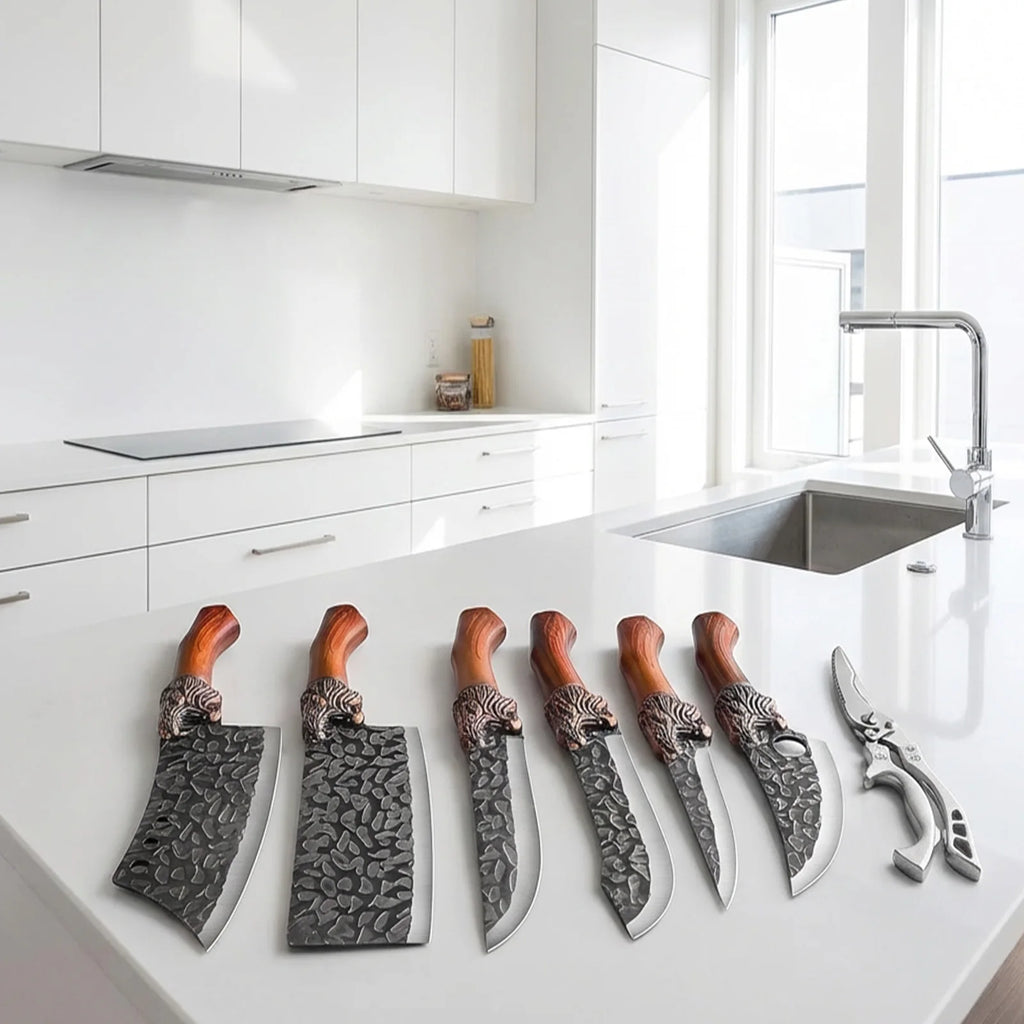 Professional forged stainless steel kitchen knife set 7-piece/3-piece - includes boning knife, slicing knife, carving knife, fish knife and butcher knife well as scissors, ultra-sharp durable knives.