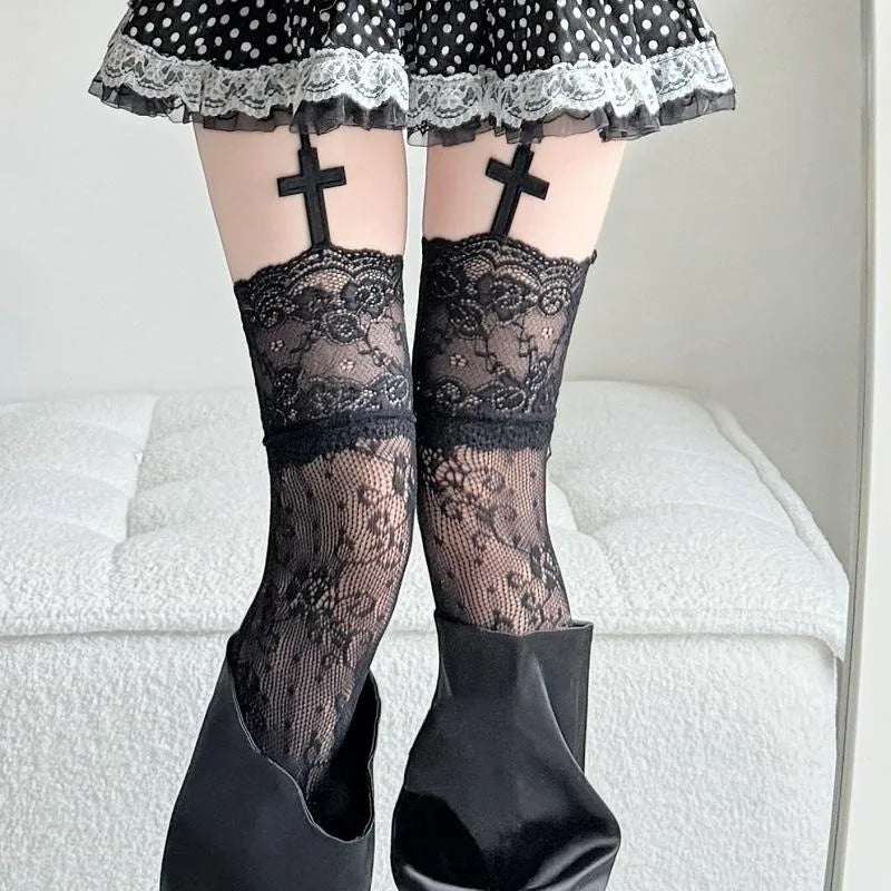 Gothic Cross Pendant Stocking Women Suspender Socks Solid Color Thin Thigh High Lolita Anime Cosplay Gothic Over Knee Stockings