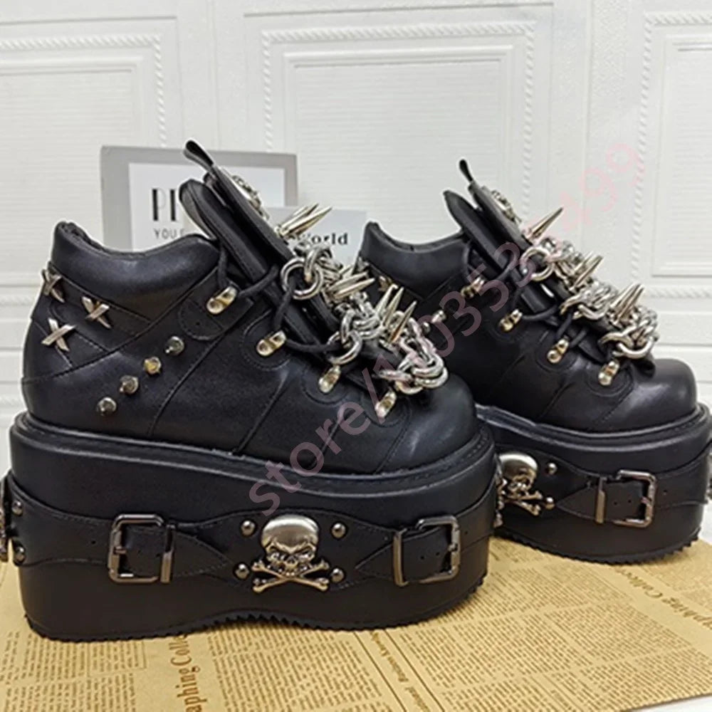 Black Cyberpunk Motorcycle Boots with Chain Rivet Round Toe Street Rock Belt Buckle Short Fashion Party Casual Boot for Women