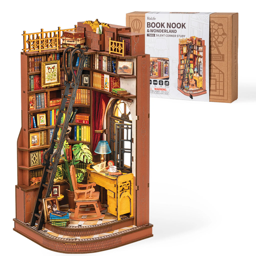 Rolife Wooden 3D Puzzle Silent Corner Study DIY Book Nook Kit Wood Bookends Model Building Kit with LED Light for Bookshelf Decor Gift for Book Lover Adult