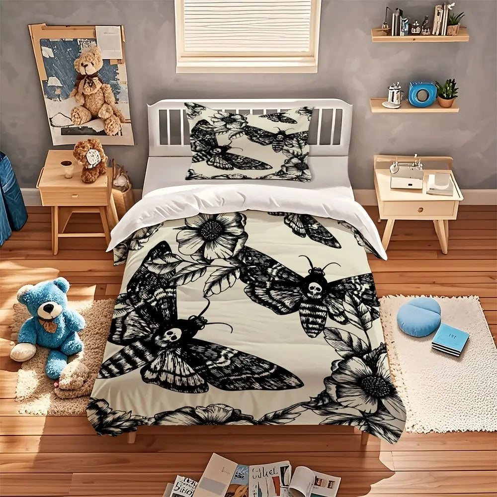 Gothic Moth Flower Duvet Cover Set Skull Butterfly Print Bedding Set Microfiber Aesthetic Home Decor Bedroom Comforter