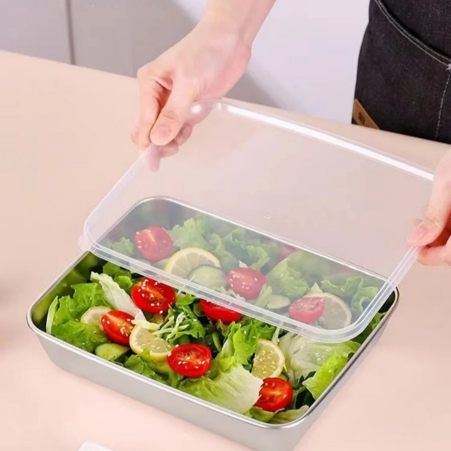 Stainless Steel Fresh-Keep Box Sealed Lunch Box with Lid Rectangle Food Container Fruit Refrigerator Storage Organizer Container