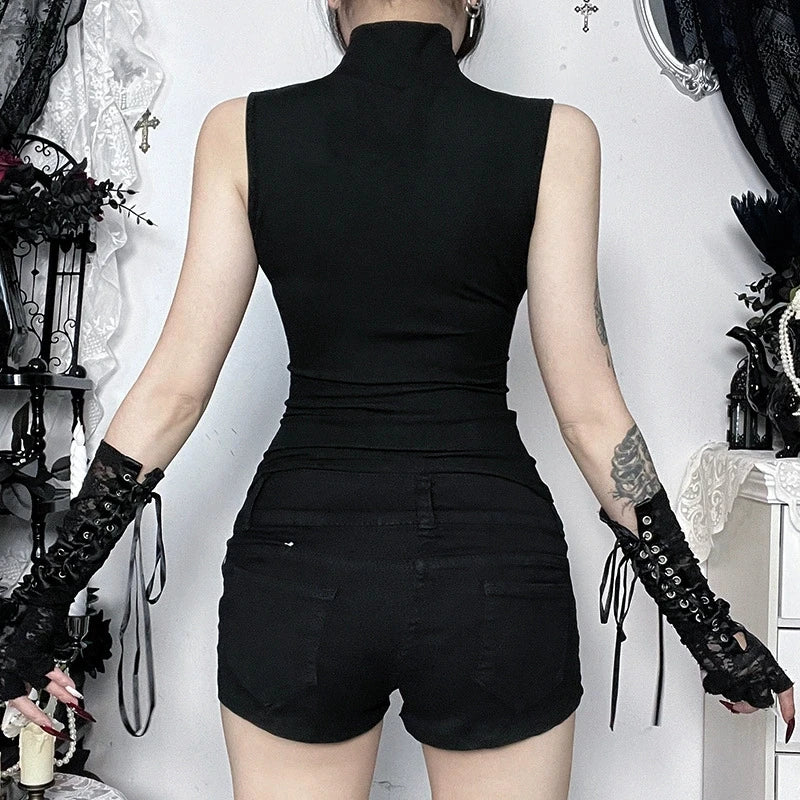 Goth Dark Mesh Pathwork Slim Tanks Top Mall Gothic Cross Sleeveless T-shirts Women Punk Sheer Alternative Tops Chic Streetwear