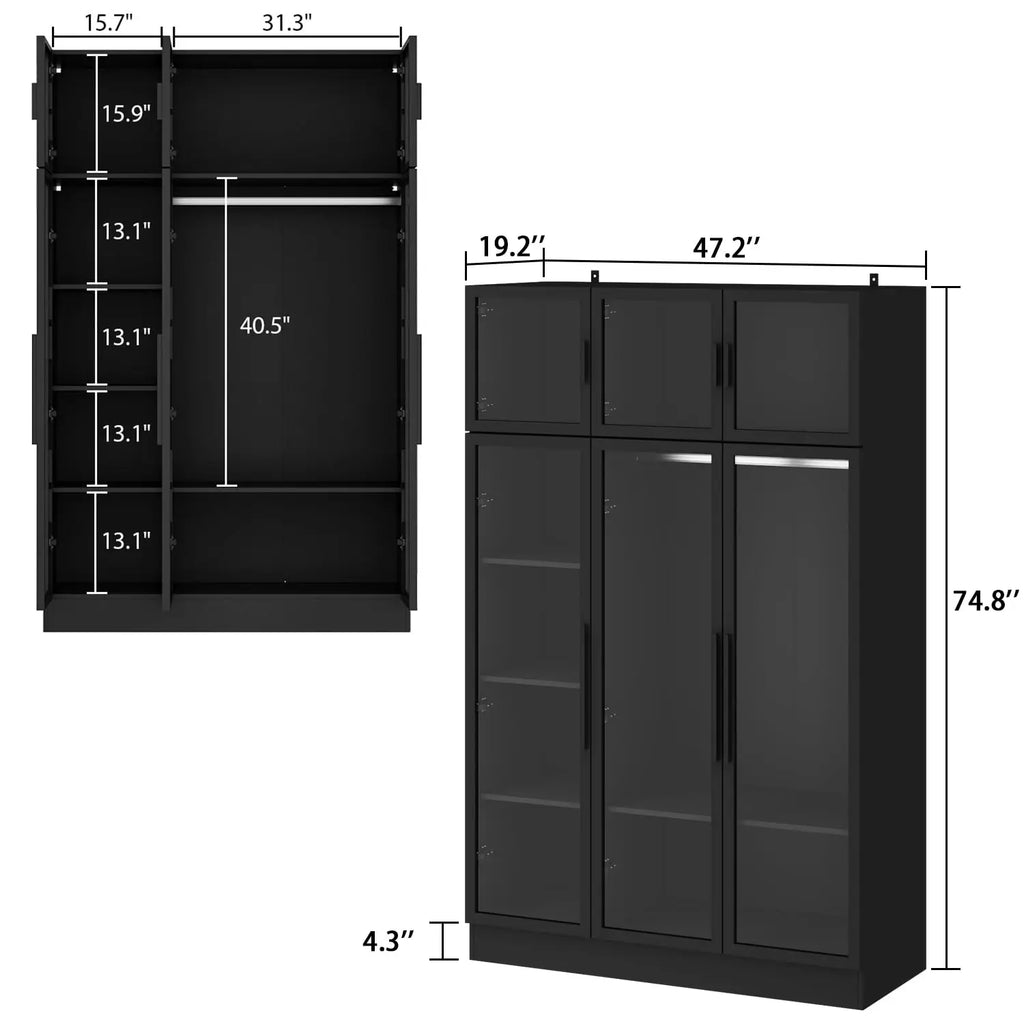 Bookcase Bookshelf with LED Lights, 5-Tier Shelves and 6 Glass Doors, 47.2" L Wooden Display Storage Cabinet with, Customized