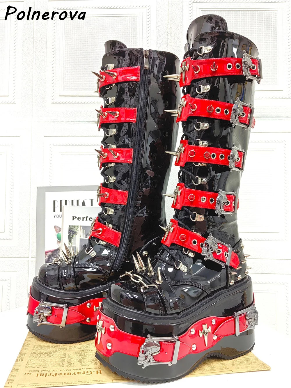 Black Blue Rivet Buckle Boots Round Toe Platform Wedges Cross Tied Patent Leather Shoes Women's Winter Warm Dark Punk Boots