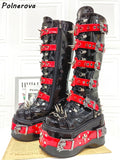 Black Blue Rivet Buckle Boots Round Toe Platform Wedges Cross Tied Patent Leather Shoes Women's Winter Warm Dark Punk Boots