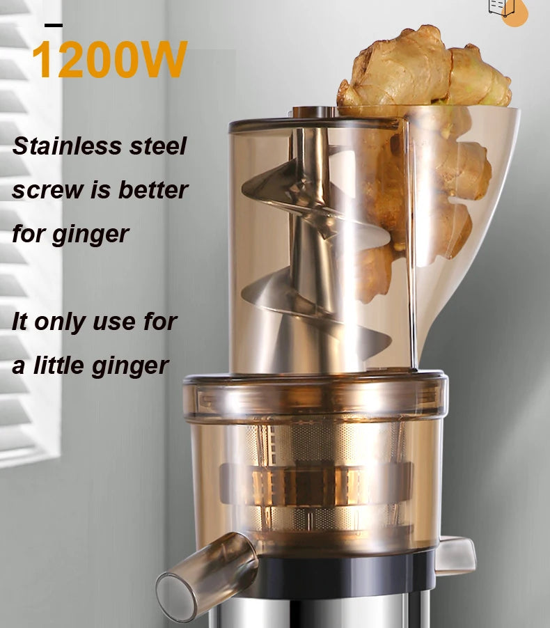 Commercial Use Big Power 1200W Large Inlet Slow Juicer Machine Whole Fruit Apple Pear Orange Cold Press Stainless Steel