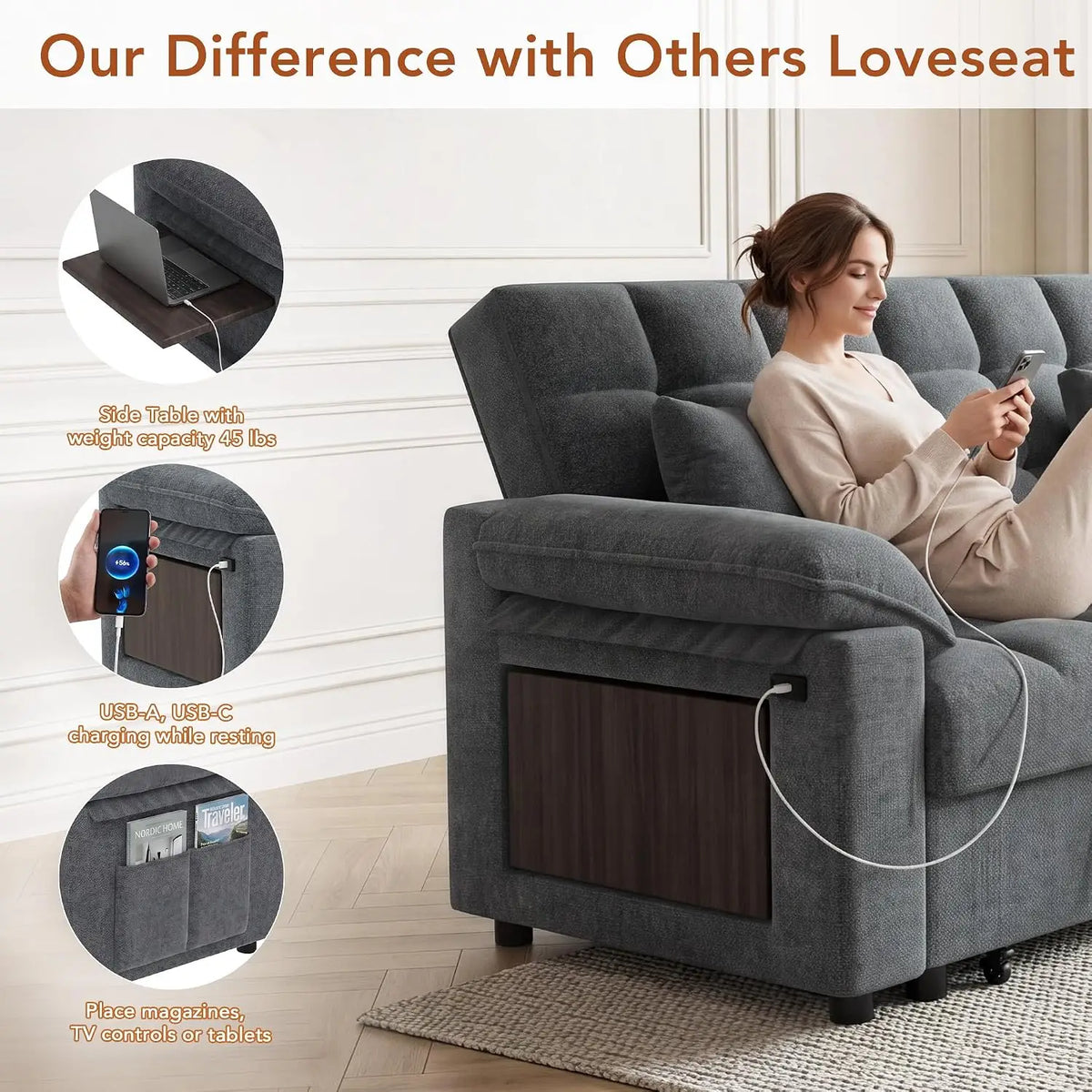 Sleeper Sofa Bed, 70" Pull Out Futon Couch with Small Table| USB Port | Side Pockets | Tool-Free Assembly |, Customized