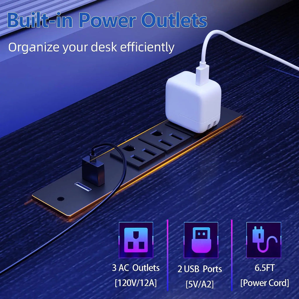 61' Gaming Desk with Outlets & LED, Large Computer Desk, Black | AC Outlets & USB, Ergonomic Monitor Stand, Drawer & File Cabine